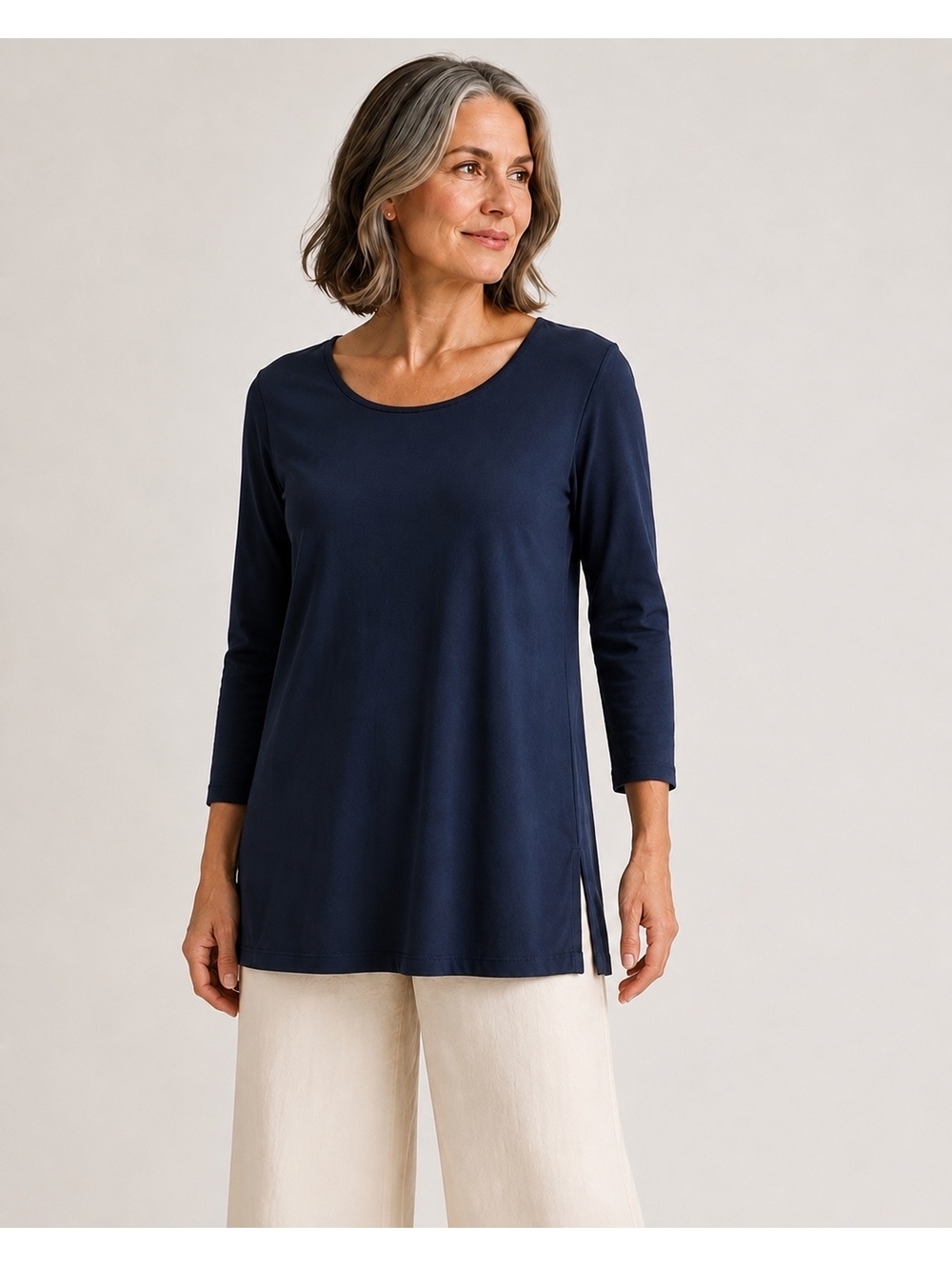 Eileen Fisher Organic Cotton Top Navy Minimalist Capsule Relaxed Tunic L